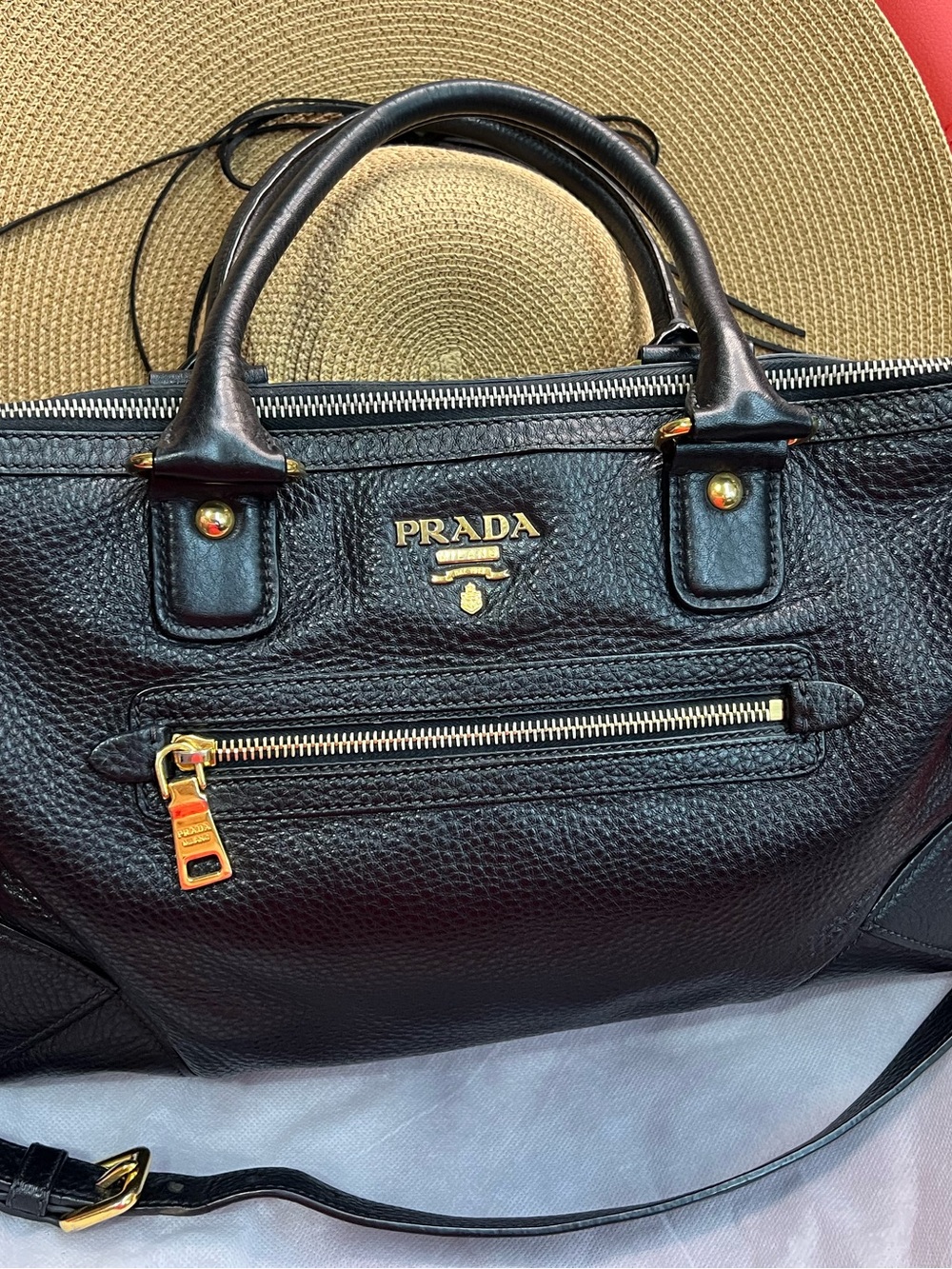 Prada Black Pebbled Leather Messenger Bag with Gold Hardware